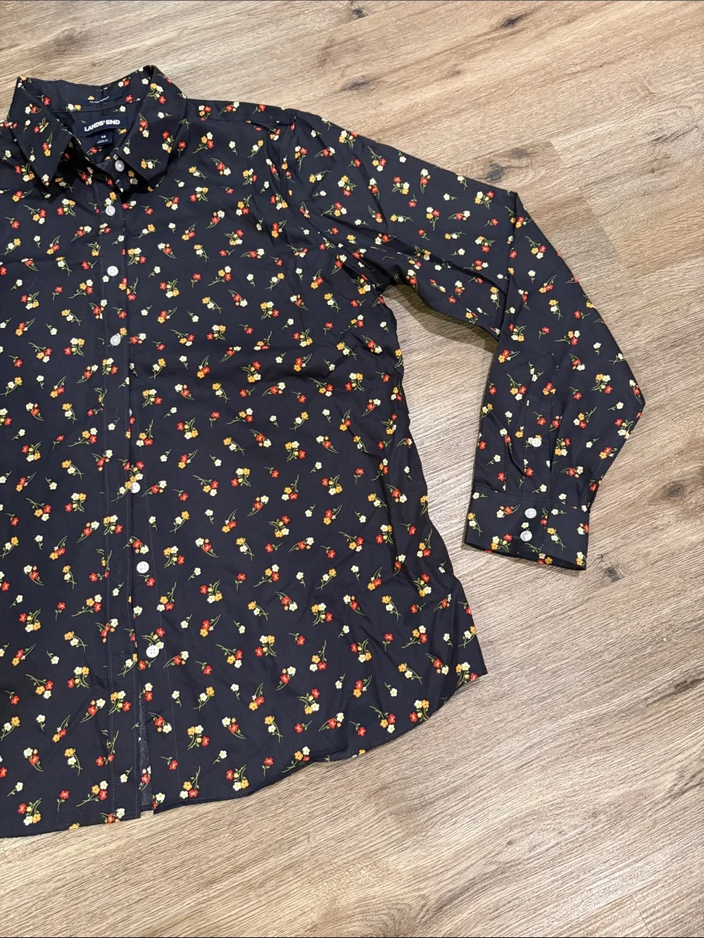 NWOT Lands' End Black Button-Down Shirt with Red and Yellow Floral Sprig Print
